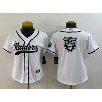 Women's Las Vegas Raiders White Team Big Logo With Patch Cool Base Stitched Baseball Jersey(Run Small) Women's Las Vegas Raiders White Team Big Logo With Patch Cool Base Stitched Baseball Jersey(Run Small)