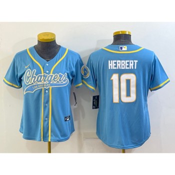 Women's Los Angeles Chargers #10 Justin Herbert Blue With Patch Cool Base Stitched Baseball Jersey(Run Small) Women's Los Angeles Chargers #10 Justin Herbert Blue With Patch Cool Base Stitched Baseball Jersey(Run Small)