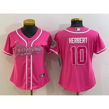 Women's Los Angeles Chargers #10 Justin Herbert Pink With Patch Cool Base Stitched Baseball Jersey(Run Small) Women's Los Angeles Chargers #10 Justin Herbert Pink With Patch Cool Base Stitched Baseball Jersey(Run Small)