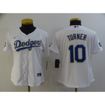 Women's Los Angeles Dodgers #10 Justin Turner White Gold Championship Cool Base Stitched Jersey(Run Small) Women's Los Angeles Dodgers #10 Justin Turner White Gold Championship Cool Base Stitched Jersey(Run Small)