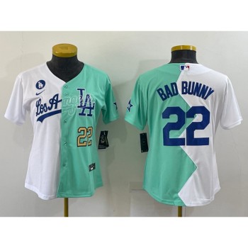 Women's Los Angeles Dodgers #22 Bad Bunny 2022 All-Star White/Green Split Stitched Baseball Jersey(Run Small) Women's Los Angeles Dodgers #22 Bad Bunny 2022 All-Star White/Green Split Stitched Baseball Jersey(Run Small)