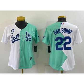 Women's Los Angeles Dodgers #22 Bad Bunny 2022 All-Star White/Green Split Stitched Baseball Jersey(Run Small) Women's Los Angeles Dodgers #22 Bad Bunny 2022 All-Star White/Green Split Stitched Baseball Jersey(Run Small)