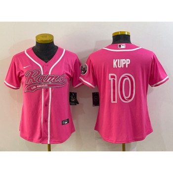 Women's Los Angeles Rams #10 Cooper Kupp Pink With Patch Cool Base Stitched Baseball Jersey(Run Small) Women's Los Angeles Rams #10 Cooper Kupp Pink With Patch Cool Base Stitched Baseball Jersey(Run Small)