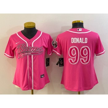 Women's Los Angeles Rams #99 Aaron Donald Pink With Patch Cool Base Stitched Baseball Jersey(Run Small) Women's Los Angeles Rams #99 Aaron Donald Pink With Patch Cool Base Stitched Baseball Jersey(Run Small)