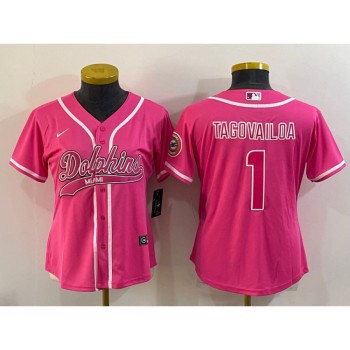 Women's Miami Dolphins #1 Tua Tagovailoa Pink With Patch Cool Base Stitched Baseball Jersey(Run Small) Women's Miami Dolphins #1 Tua Tagovailoa Pink With Patch Cool Base Stitched Baseball Jersey(Run Small)