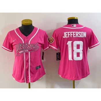 Women's Minnesota Vikings #18 Justin Jefferson Pink With Patch Cool Base Stitched Baseball Jersey(Run Small) Women's Minnesota Vikings #18 Justin Jefferson Pink With Patch Cool Base Stitched Baseball Jersey(Run Small)
