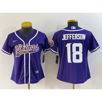 Women's Minnesota Vikings #18 Justin Jefferson Purple With Patch Cool Base Stitched Baseball Jersey(Run Small) Women's Minnesota Vikings #18 Justin Jefferson Purple With Patch Cool Base Stitched Baseball Jersey(Run Small)