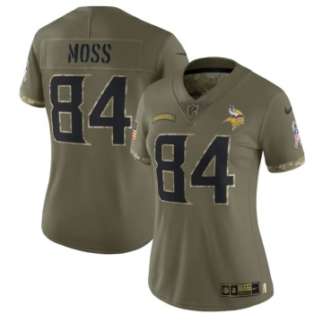 Women's Minnesota Vikings #84 Randy Moss 2022 Olive Salute To Service Limited Stitched Jersey(Run Small) Women's Minnesota Vikings #84 Randy Moss 2022 Olive Salute To Service Limited Stitched Jersey(Run Small)