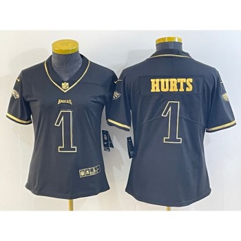 Women's Philadelphia Eagles #1 Jalen Hurts Black Golden Edition Stitched Football Jersey(Run Small) Women's Philadelphia Eagles #1 Jalen Hurts Black Golden Edition Stitched Football Jersey(Run Small)
