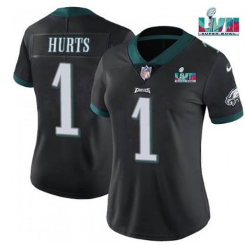 Women's Philadelphia Eagles #1 Jalen Hurts Black Super Bolw LVII Patch Vapor Untouchable Limited Stitched Football Jersey(Run Small) Women's Philadelphia Eagles #1 Jalen Hurts Black Super Bolw LVII Patch Vapor Untouchable Limited Stitched Football Jersey(Run Small)