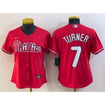 Women's Philadelphia Phillies #7 Trea Turner Red Cool Base Stitched Baseball Jersey(Run Small) Women's Philadelphia Phillies #7 Trea Turner Red Cool Base Stitched Baseball Jersey(Run Small)