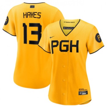 Women's Pittsburgh Pirates #13 Ke'Bryan Hayes Gold 2023 City Connect Stitched Jersey Women's Pittsburgh Pirates #13 Ke'Bryan Hayes Gold 2023 City Connect Stitched Jersey