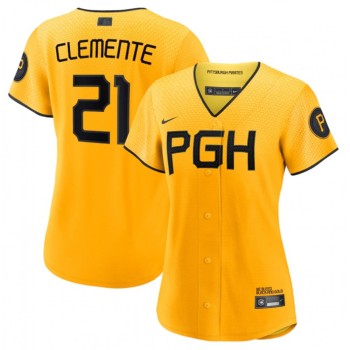 Women's Pittsburgh Pirates #21 Roberto Clemente Gold 2023 Draft City Connect Stitched Jersey Women's Pittsburgh Pirates #21 Roberto Clemente Gold 2023 Draft City Connect Stitched Jersey