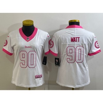 Women's Pittsburgh Steelers #90 T. J. Watt White Pink Vapor Untouchaable Limited Stitched Jersey(Run Small) Women's Pittsburgh Steelers #90 T. J. Watt White Pink Vapor Untouchaable Limited Stitched Jersey(Run Small)