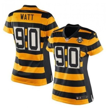 Women's Pittsburgh Steelers #90 T. J. Watt Yellow/Black Alternate 80TH Anniversary Throwback Stitched Jersey(Run Small) Women's Pittsburgh Steelers #90 T. J. Watt Yellow/Black Alternate 80TH Anniversary Throwback Stitched Jersey(Run Small)