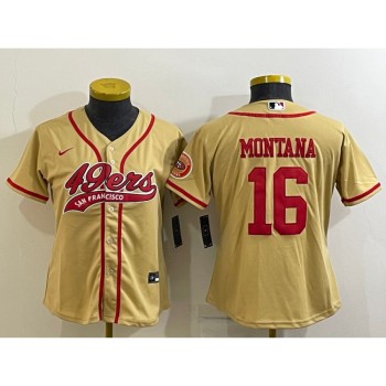 Women's San Francisco 49ers #16 Joe Montana Gold With Patch Cool Base Stitched Baseball Jersey(Run Small) Women's San Francisco 49ers #16 Joe Montana Gold With Patch Cool Base Stitched Baseball Jersey(Run Small)