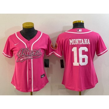 Women's San Francisco 49ers #16 Joe Montana Pink With Patch Cool Base Stitched Baseball Jersey(Run Small)