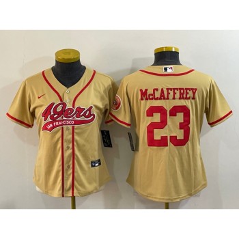 Women's San Francisco 49ers #23 Christian McCaffrey Gold With Patch Cool Base Stitched Baseball Jersey(Run Small) Women's San Francisco 49ers #23 Christian McCaffrey Gold With Patch Cool Base Stitched Baseball Jersey(Run Small)