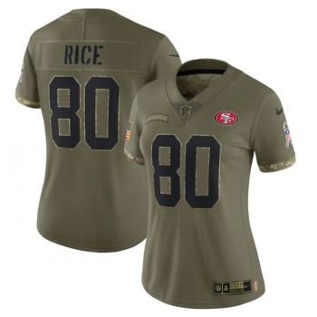 Women's San Francisco 49ers #80 Jerry Rice Olive 2022 Salute To Service Limited Stitched Jersey(Run Small) Women's San Francisco 49ers #80 Jerry Rice Olive 2022 Salute To Service Limited Stitched Jersey(Run Small)