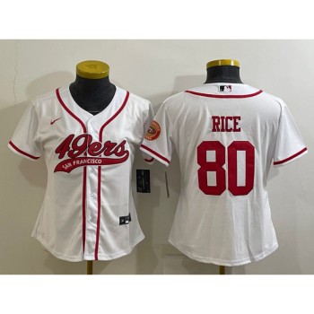 Women's San Francisco 49ers #80 Jerry Rice White With Patch Cool Base Stitched Baseball Jersey(Run Small) Women's San Francisco 49ers #80 Jerry Rice White With Patch Cool Base Stitched Baseball Jersey(Run Small)
