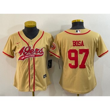Women's San Francisco 49ers #97 Nick Bosa Gold With Patch Cool Base Stitched Baseball Jersey(Run Small) Women's San Francisco 49ers #97 Nick Bosa Gold With Patch Cool Base Stitched Baseball Jersey(Run Small)