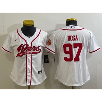 Women's San Francisco 49ers #97 Nick Bosa White With Patch Cool Base Stitched Baseball Jersey(Run Small) Women's San Francisco 49ers #97 Nick Bosa White With Patch Cool Base Stitched Baseball Jersey(Run Small)