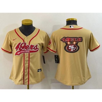 Women's San Francisco 49ers Gold Team Big Logo With Patch Cool Base Stitched Baseball Jersey(Run Small) Women's San Francisco 49ers Gold Team Big Logo With Patch Cool Base Stitched Baseball Jersey(Run Small)