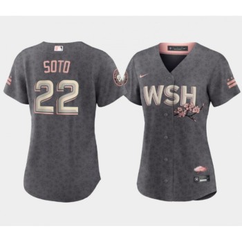 Women's Washington Nationals #22 Juan Soto 2022 Grey City Connect Cherry Blossom Stitched Jersey(Run Small) Women's Washington Nationals #22 Juan Soto 2022 Grey City Connect Cherry Blossom Stitched Jersey(Run Small)