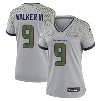 Women's Seattle Seahawks #9 Kenneth Walker III Gray Super Bowl LX Rivalries Collection Game Stitched Jersey