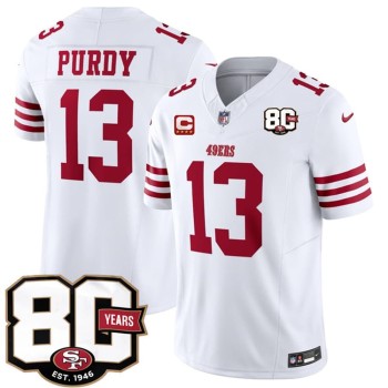 Men's San Francisco 49ers #13 Brock Purdy White 2026 With 80th Anniversary & 4-Star C Patch Vapor F.U.S.E. Untouchabl Limited Jersey Men's San Francisco 49ers #13 Brock Purdy White 2026 With 80th Anniversary & 4-Star C Patch Vapor F.U.S.E. Untouchabl Limited Jersey