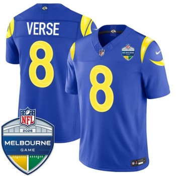 Men's Los Angeles Rams #8 Jared Verse Royal 2026 Melbourne Game Patch Vapor F.U.S.E. Limited Jersey Men's Los Angeles Rams #8 Jared Verse Royal 2026 Melbourne Game Patch Vapor F.U.S.E. Limited Jersey