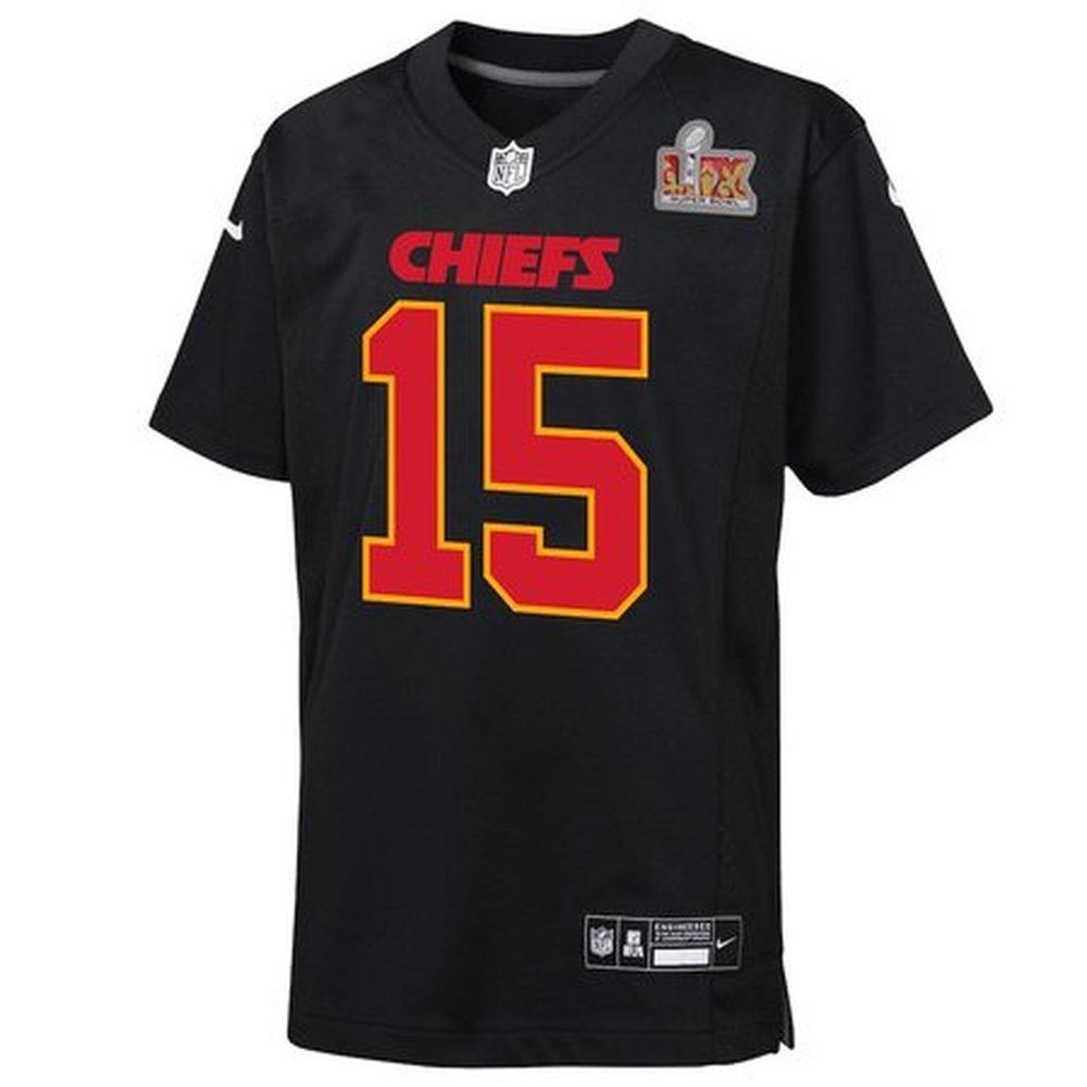 Youth Kansas City Chiefs #15 Patrick Mahomes Carbon Black Super Bowl LIX Patch Fashion Game Jersey
