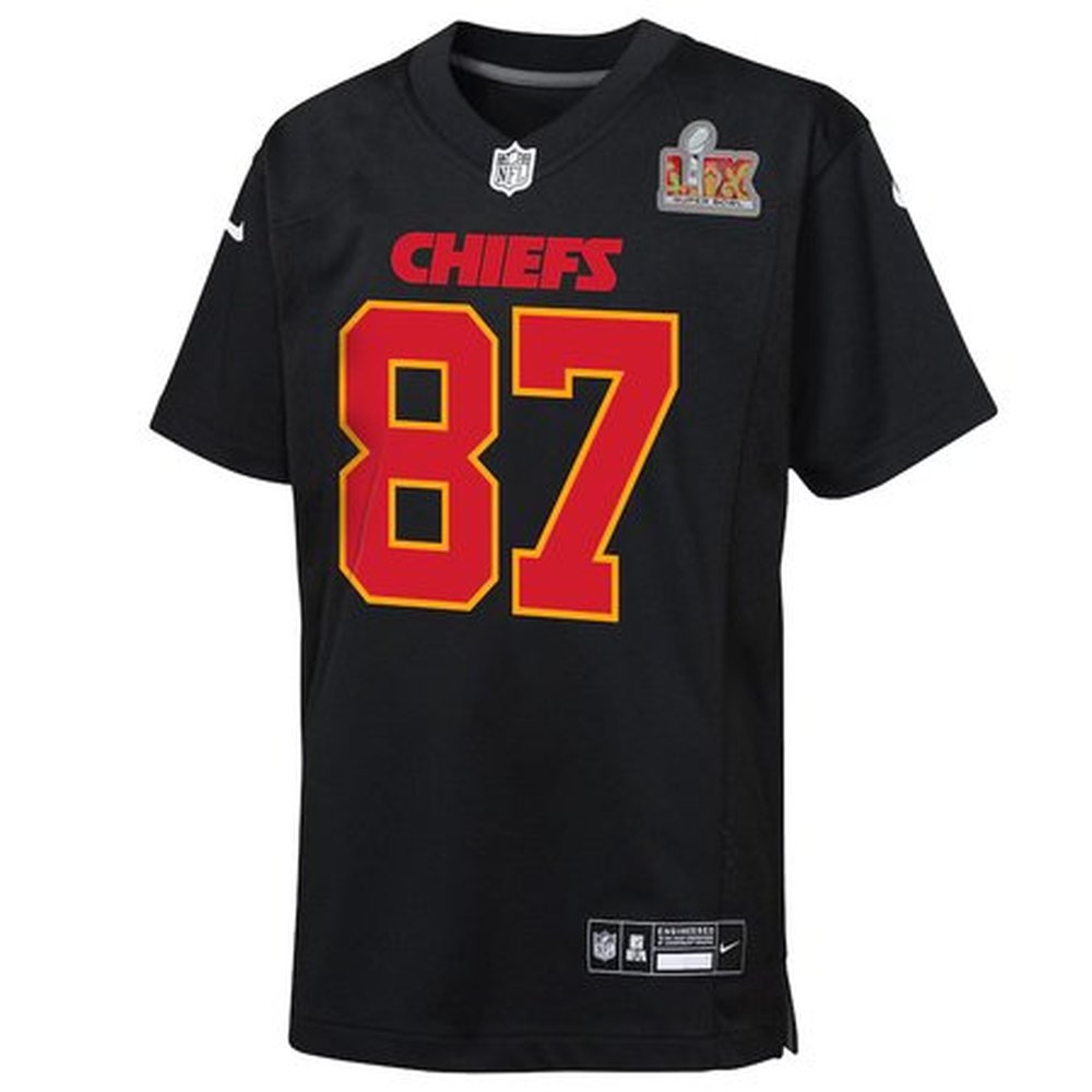Youth Kansas City Chiefs #87 Travis Kelce Carbon Black Super Bowl LIX Patch Fashion Game Jersey Youth Kansas City Chiefs #87 Travis Kelce Carbon Black Super Bowl LIX Patch Fashion Game Jersey