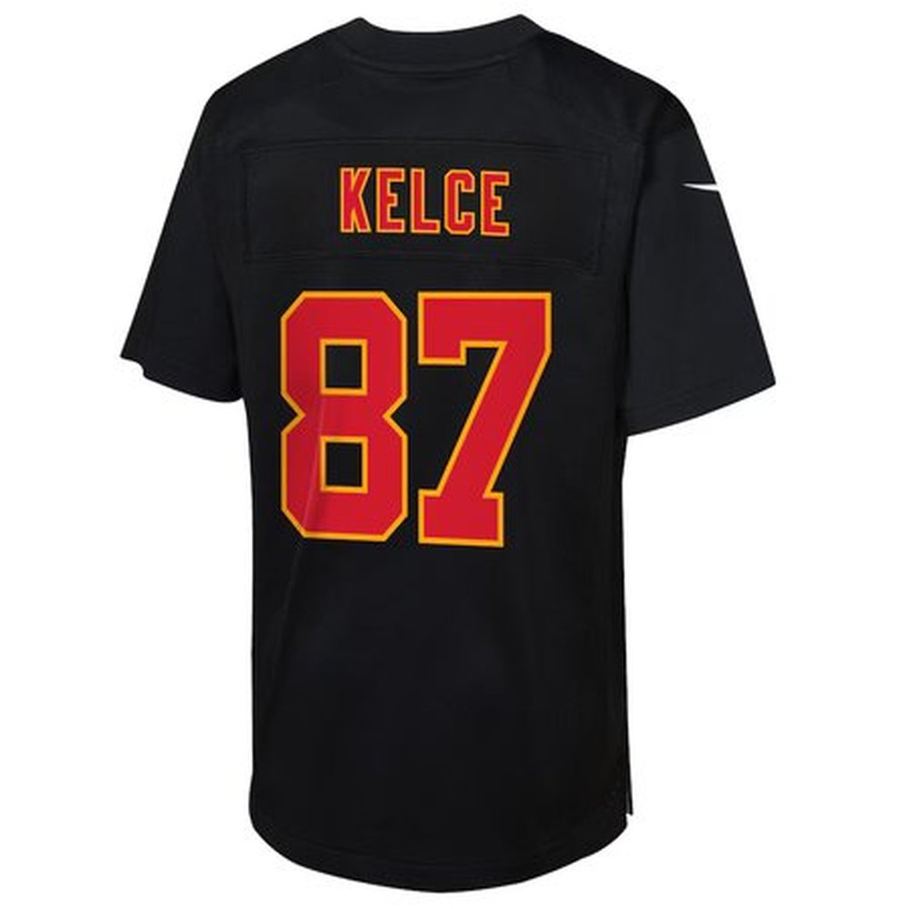 Youth Kansas City Chiefs #87 Travis Kelce Carbon Black Super Bowl LIX Patch Fashion Game Jersey Youth Kansas City Chiefs #87 Travis Kelce Carbon Black Super Bowl LIX Patch Fashion Game Jersey