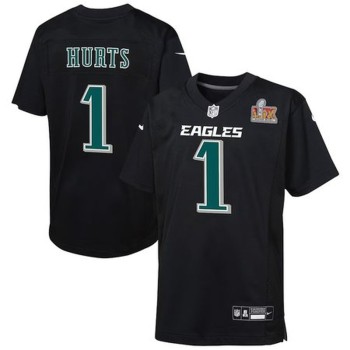 Youth Philadelphia Eagles #1 Jalen Hurts Carbon Black Super Bowl LIX Patch Fashion Game Player Jersey Youth Philadelphia Eagles #1 Jalen Hurts Carbon Black Super Bowl LIX Patch Fashion Game Player Jersey
