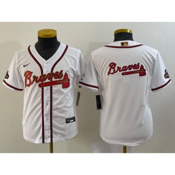 Youth Atlanta Braves Team Big Logo 2022 White Gold World Series Champions Program Stitched Jersey Youth Atlanta Braves Team Big Logo 2022 White Gold World Series Champions Program Stitched Jersey