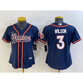 Youth Denver Broncos #3 Russell Wilson Navy With Patch Cool Base Stitched Baseball Jersey
