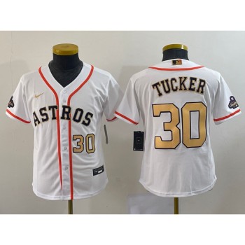 Youth Houston Astros #30 Kyle Tucker White 2023 Gold Collection With World Serise Champions Patch Stitched Baseball Jersey