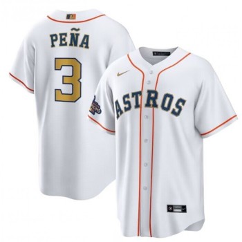 Youth Houston Astros #3 Jeremy Pena White 2023 Gold Collection With World Serise Champions Patch Stitched Baseball Jersey Youth Houston Astros #3 Jeremy Pena White 2023 Gold Collection With World Serise Champions Patch Stitched Baseball Jersey