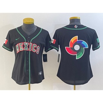 Youth Mexico Baseball Blank 2023 Black World Baseball Classic Big Logo in Back Stitched Jersey Youth Mexico Baseball Blank 2023 Black World Baseball Classic Big Logo in Back Stitched Jersey
