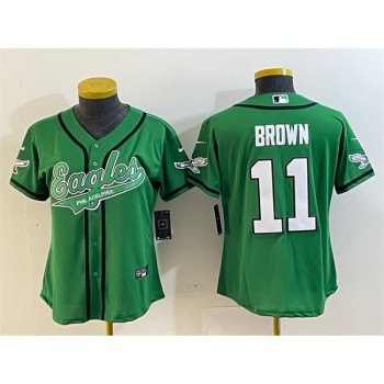 Youth Philadelphia Eagles #11 A. J. Brown Green Cool Base Stitched Baseball Jersey Youth Philadelphia Eagles #11 A. J. Brown Green Cool Base Stitched Baseball Jersey