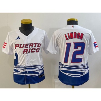 Youth Puerto Rico Baseball #12 Francisco Lindor 2023 White World Baseball Classic Stitched Jersey Youth Puerto Rico Baseball #12 Francisco Lindor 2023 White World Baseball Classic Stitched Jersey