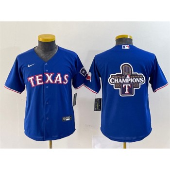 Youth Texas Rangers Royal 2023 World Series Champions Big Logo With Patch Stitched Baseball Jersey