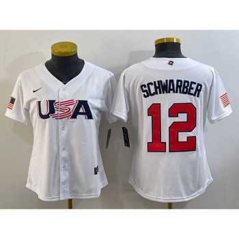 Youth USA Baseball #12 Kyle Schwarber 2023 White World Baseball Classic Stitched Jersey Youth USA Baseball #12 Kyle Schwarber 2023 White World Baseball Classic Stitched Jersey