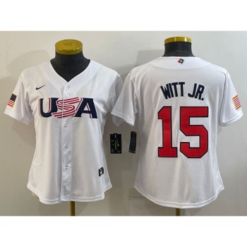 Youth USA Baseball #15 Bobby Witt Jr. 2023 White World Baseball Classic Stitched Jersey Youth USA Baseball #15 Bobby Witt Jr. 2023 White World Baseball Classic Stitched Jersey
