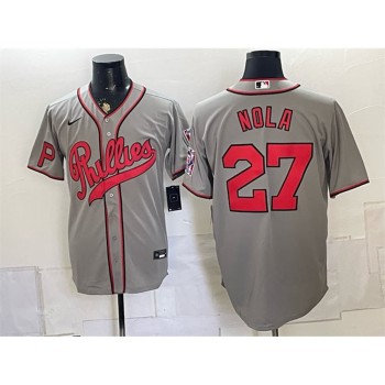 Men's Philadelphia Phillies #27 Aaron Nola Gray 2026 Field of Dreams Stadium Jersey Men's Philadelphia Phillies #27 Aaron Nola Gray 2026 Field of Dreams Stadium Jersey