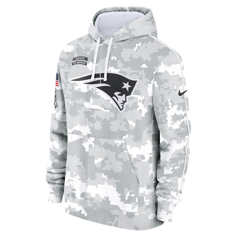 Youth New England Patriots White/Gray 2024 Salute To Service Pullover Hoodie