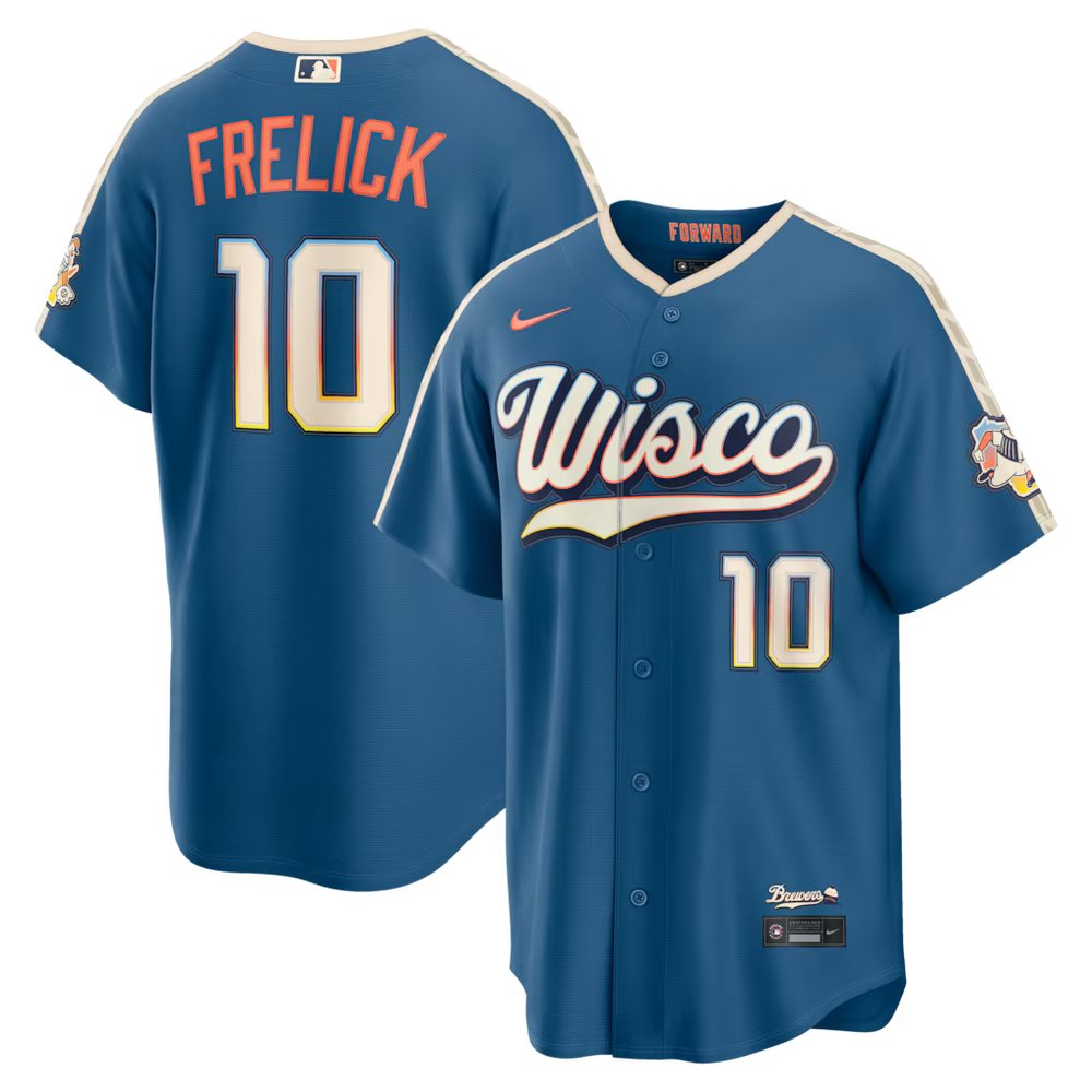 Men's Milwaukee Brewers #10 Sal Frelick Nike Mineral Blue 2026 City Connect Stadium Jersey Men's Milwaukee Brewers #10 Sal Frelick Nike Mineral Blue 2026 City Connect Stadium Jersey