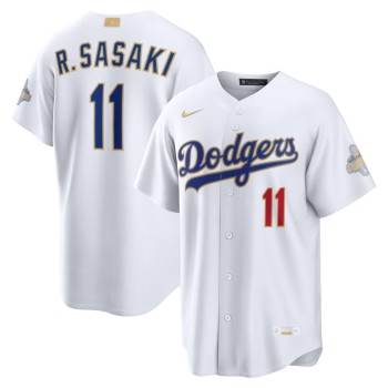 Men's Los Angeles Dodgers #11 Roki Sasaki Nike White 2026 Gold Collection Stadium Jersey Men's Los Angeles Dodgers #11 Roki Sasaki Nike White 2026 Gold Collection Stadium Jersey