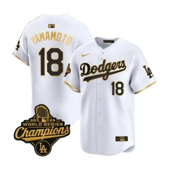 Men's Los Angeles Dodgers #18 Yoshinobu Yamamoto White Golden 2025 World Series Champions Home Limited Jersey Men's Los Angeles Dodgers #18 Yoshinobu Yamamoto White Golden 2025 World Series Champions Home Limited Jersey